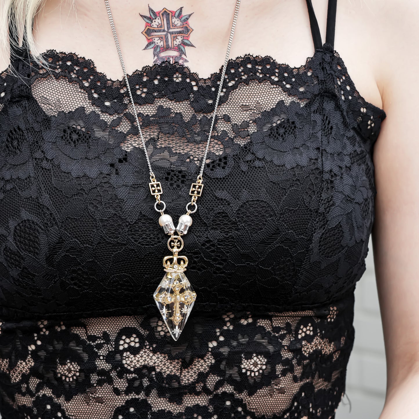 Crowned Pendulum Cross Necklace - Clear