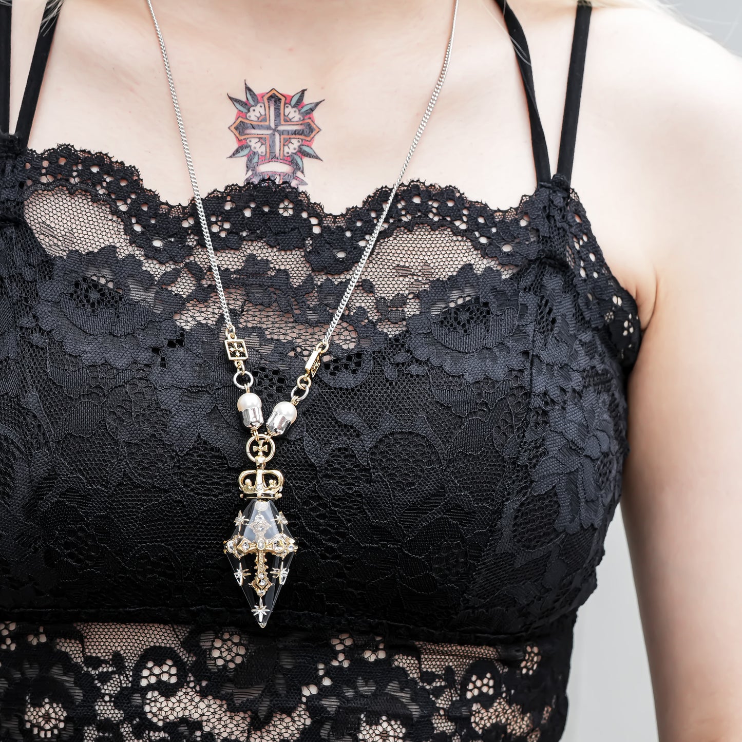 Crowned Pendulum Cross Necklace - Black