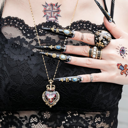 Crowned Sacred Heart Necklace - Black × Red