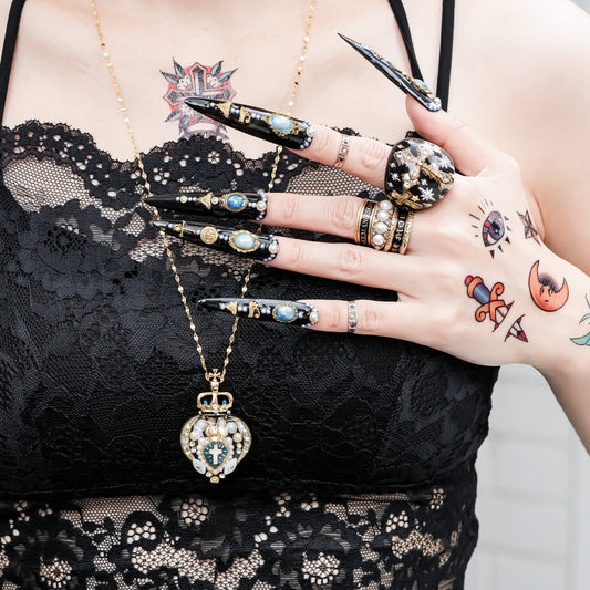 Crowned Sacred Heart Necklace - Black × Smoky Blue