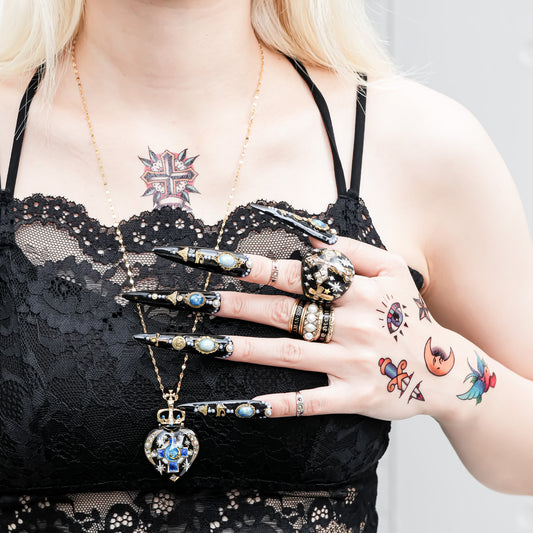 Crowned Sacred Heart Necklace - Black × BlueCross