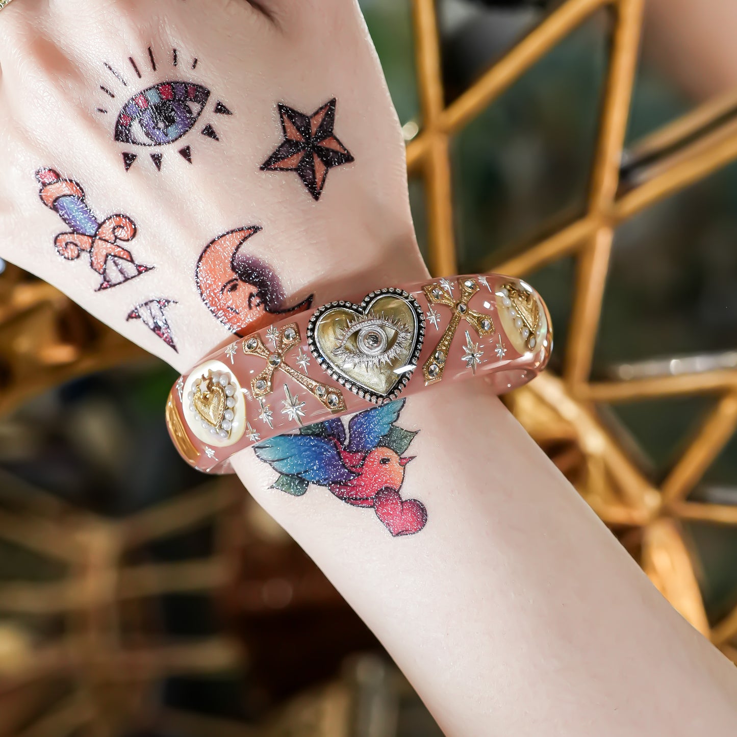 Sacred Heart Veil Bracelet – Smoky Pink × Gold × Silver