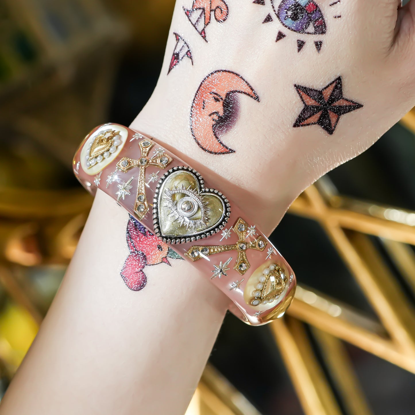 Sacred Heart Veil Bracelet – Smoky Pink × Gold × Silver