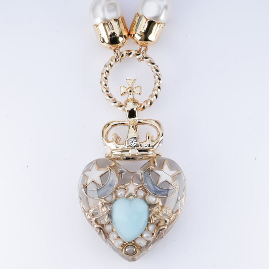 Crown Heart Majolica Pearl Necklace - Turquoise