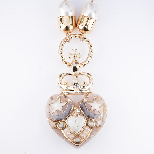 Crown Heart Majolica Pearl Necklace - Smoky White 2