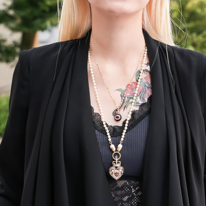 Crown Heart Majolica Pearl Necklace - Red2