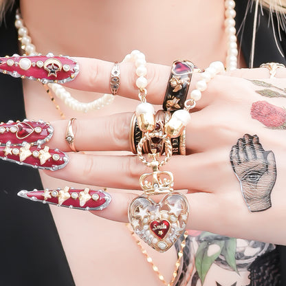 Crown Heart Majolica Pearl Necklace - Red2