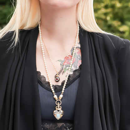 Crown Heart Majolica Pearl Necklace - Turquoise