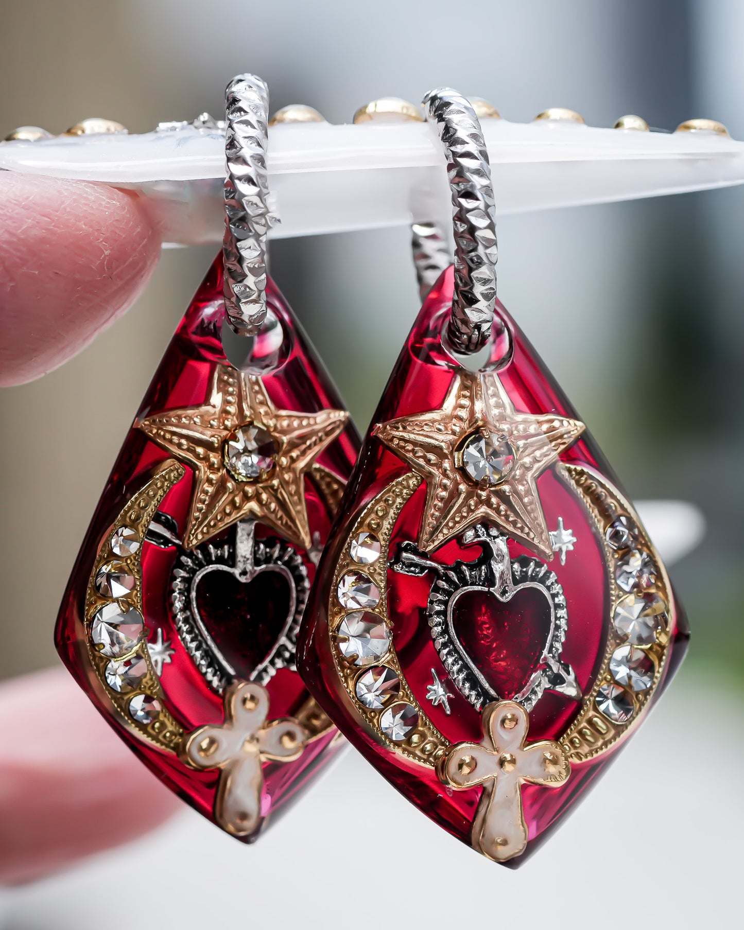 Sacred Heart Diamond Earrings - Red × Gold