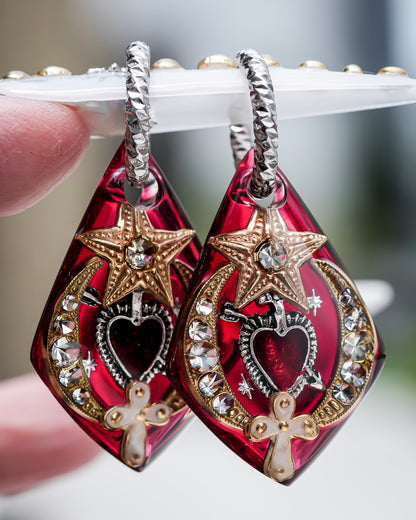 Sacred Heart Diamond Earrings - Red × Gold