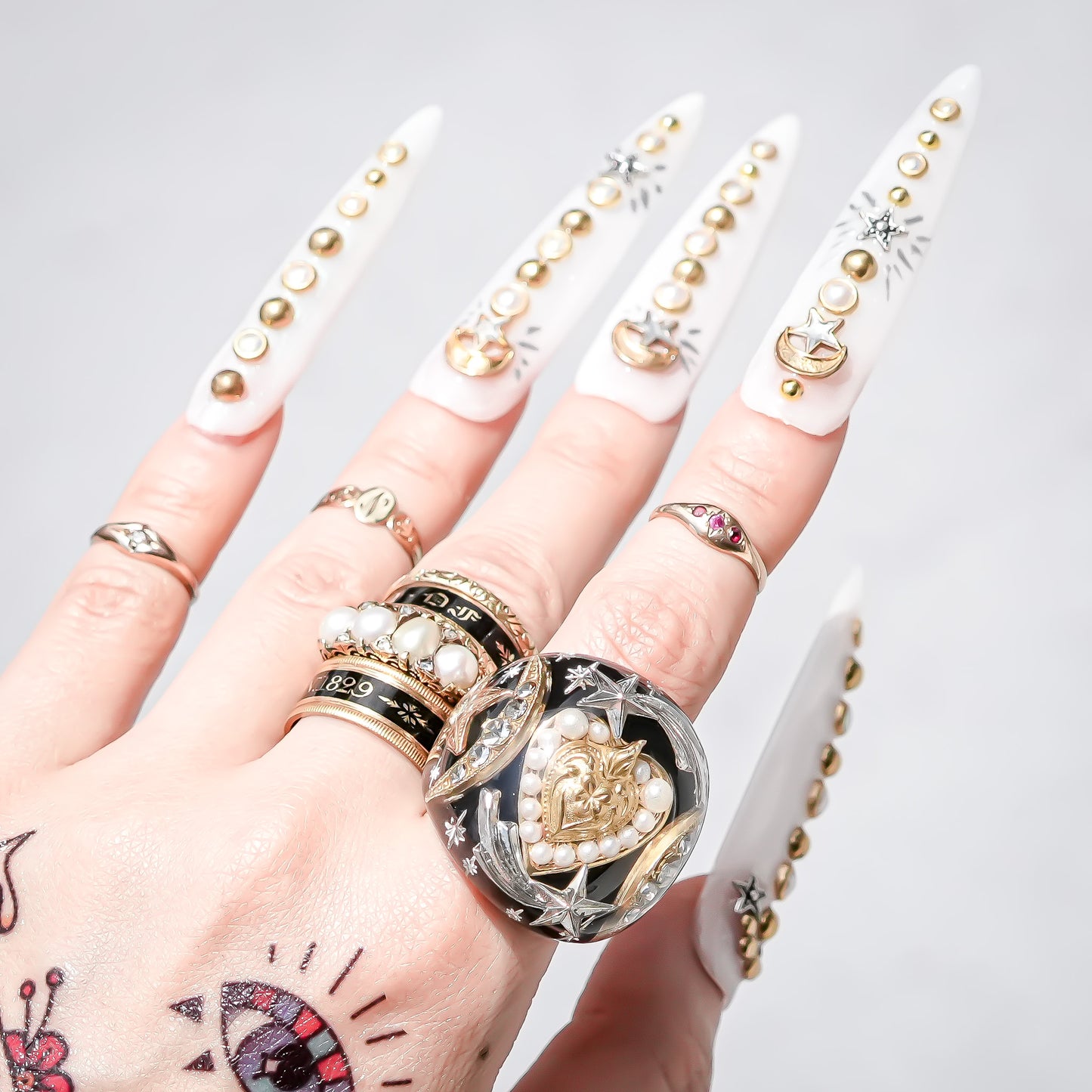 French Antique Heart Shooting Star Ring - Black × Gold / #12