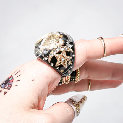 French Antique Heart Shooting Star Ring - Black × Gold / #12