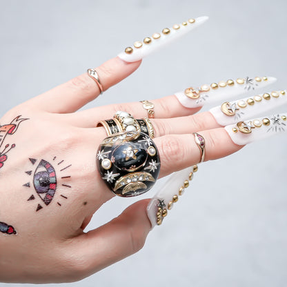 French Antique Night Sky Ring - Black × Gold / #10