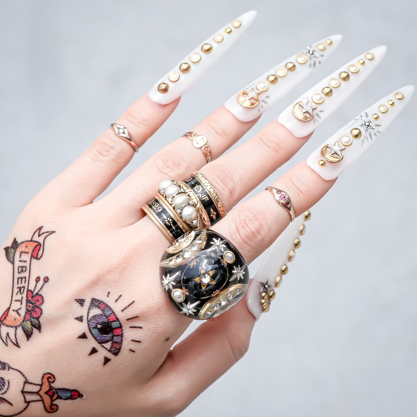 French Antique Night Sky Ring - Black × Gold / #10
