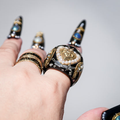 French Antique Heart Shooting Star Ring - Black × Gold / #12