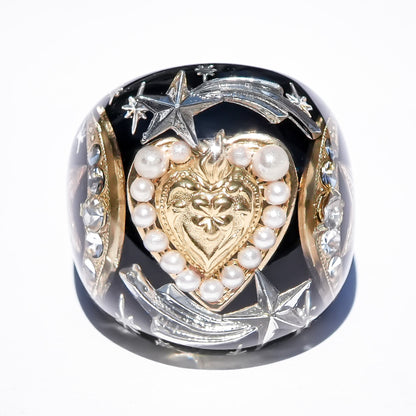 French Antique Heart Shooting Star Ring - Black × Gold / #12
