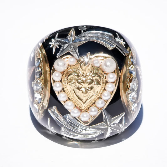 French Antique Heart Shooting Star Ring - Black × Gold / #12
