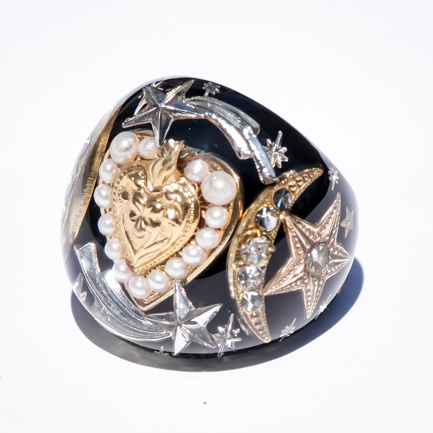 French Antique Heart Shooting Star Ring - Black × Gold / #12