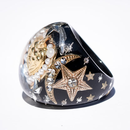 French Antique Heart Shooting Star Ring - Black × Gold / #12