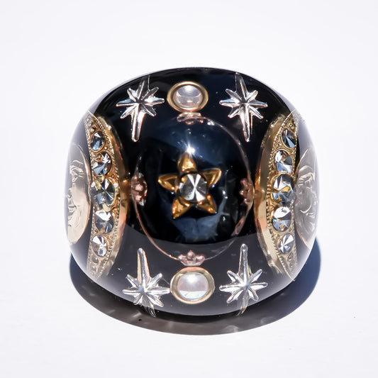 French Antique Night Sky Ring - Black × Gold / #10