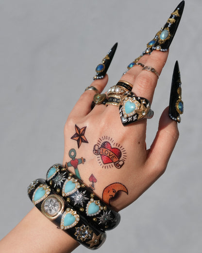 Triple Turquoise Heart Star Bracelet - Black × Turquoise