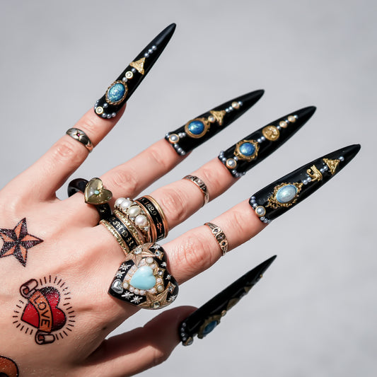 French Antique Turquoise Heart Ring - Black × Turquoise / #14