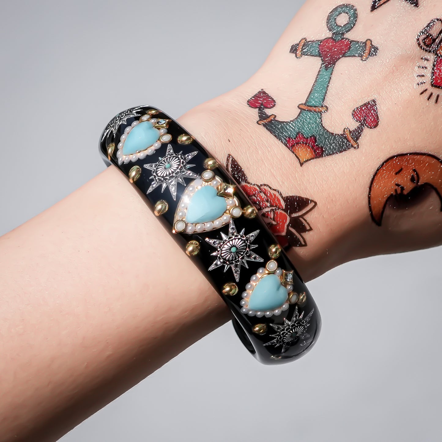 Triple Turquoise Heart Star Bracelet - Black × Turquoise