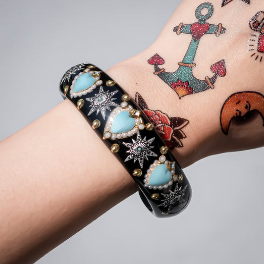 Triple Turquoise Heart Star Bracelet - Black × Turquoise
