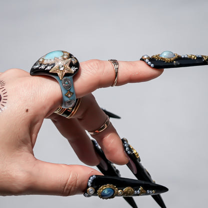 French Antique Turquoise Heart Ring - Black × Turquoise / #14