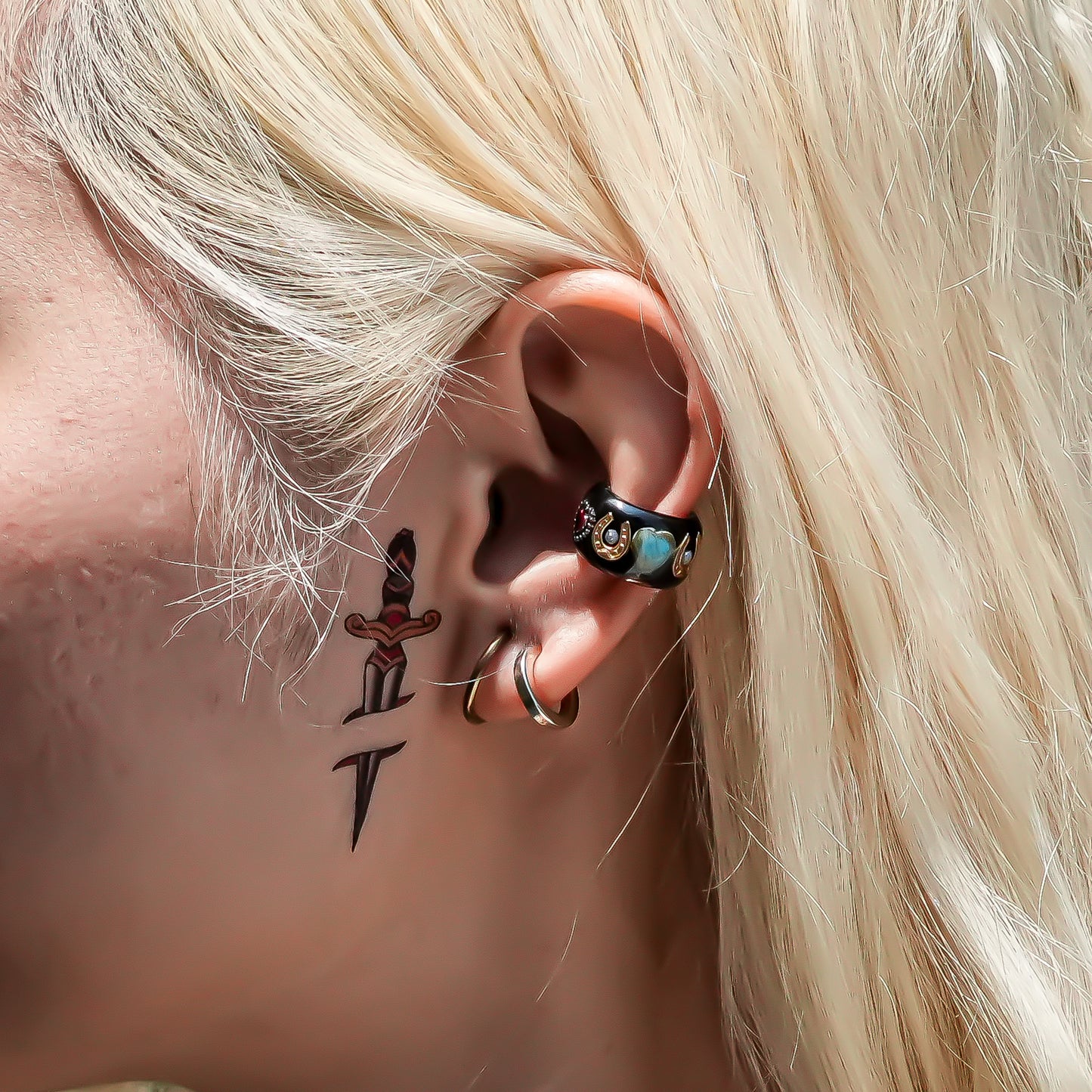 Lucky Heart Ear Cuff - Black × Turquoise × Red