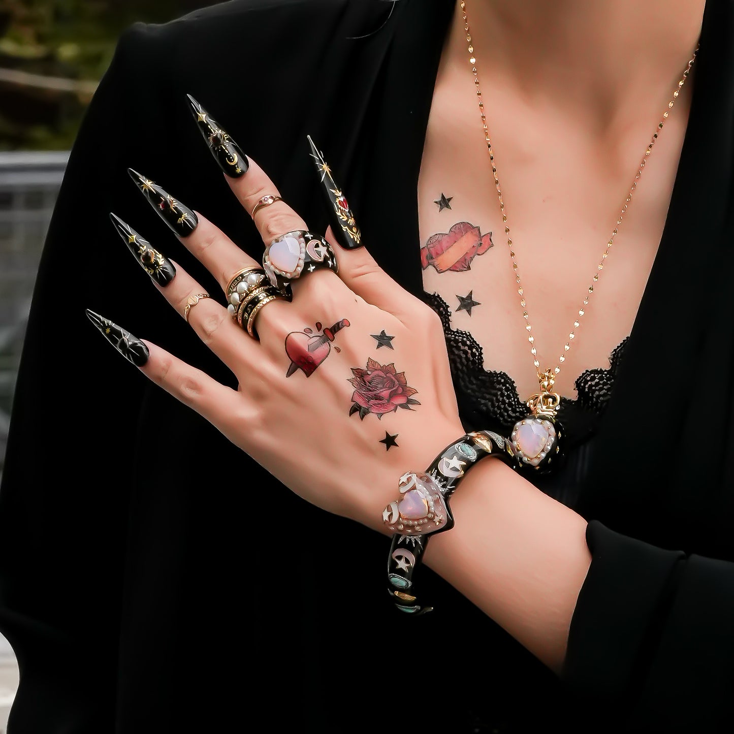 Celestial Heart Bangle – Smoky Pink & Black