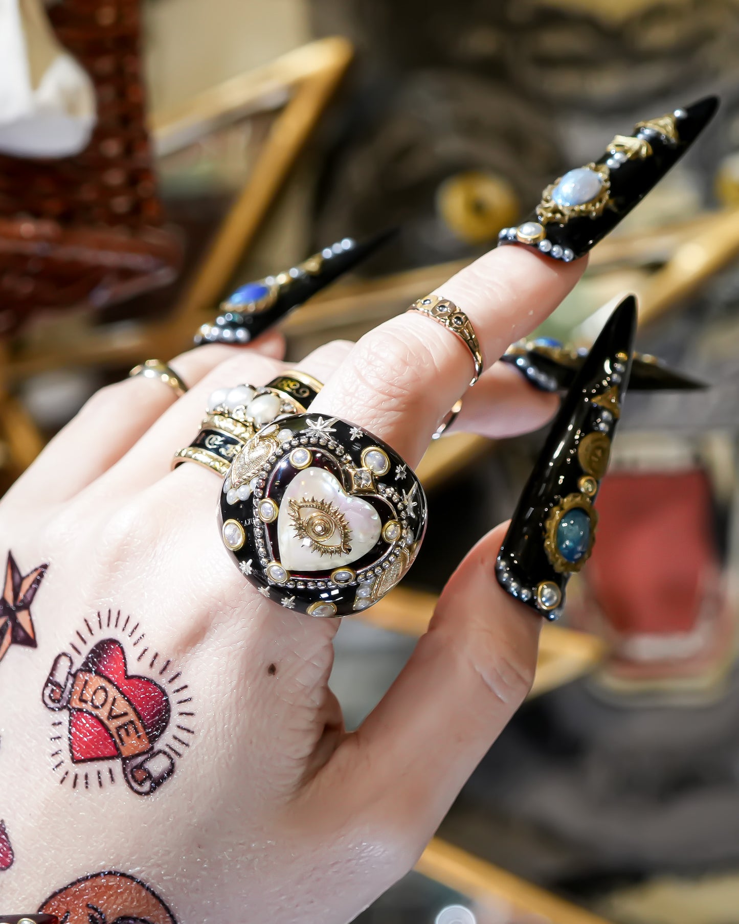 Sacred Heart & Cupid Night Ring - Black × Gold / #16