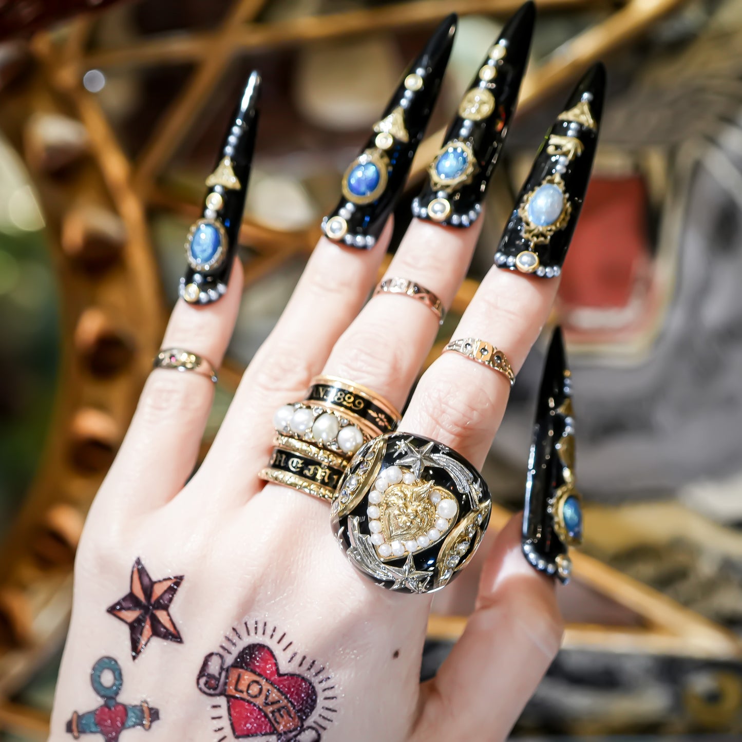 French Antique Heart Shooting Star Ring - Black × Gold / #12