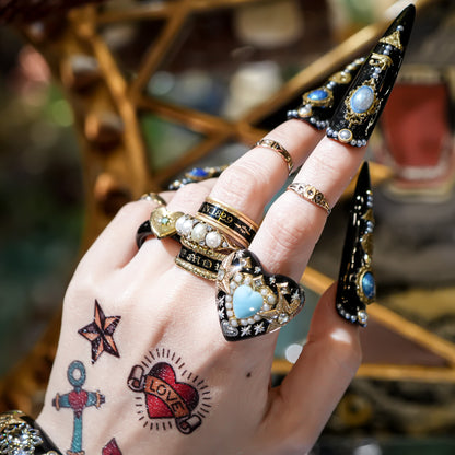 French Antique Turquoise Heart Ring - Black × Turquoise / #14