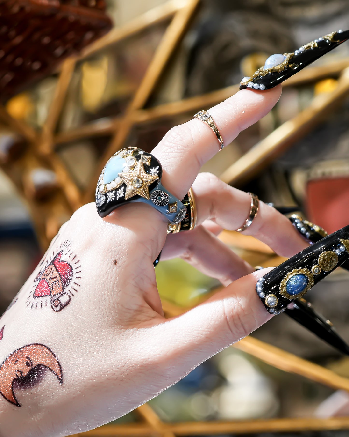 French Antique Turquoise Heart Ring - Black × Turquoise / #14