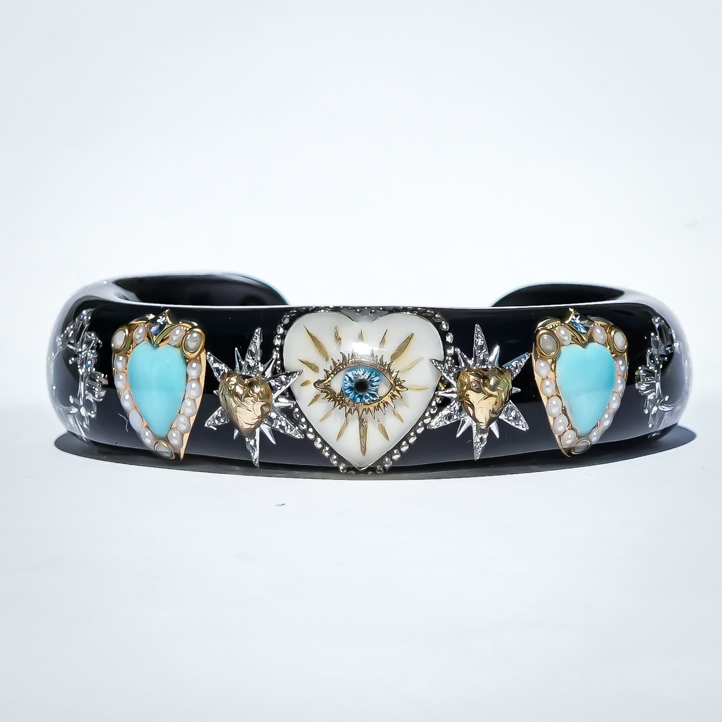 White Eye Heart & Turquoise Heart Bracelet - Black × Turquoise