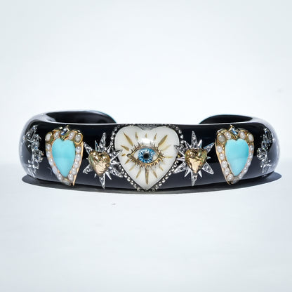 White Eye Heart & Turquoise Heart Bracelet - Black × Turquoise