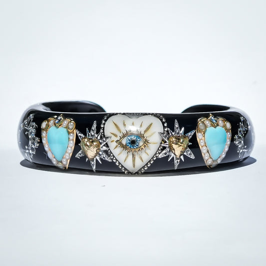 White Eye Heart & Turquoise Heart Bracelet - Black × Turquoise
