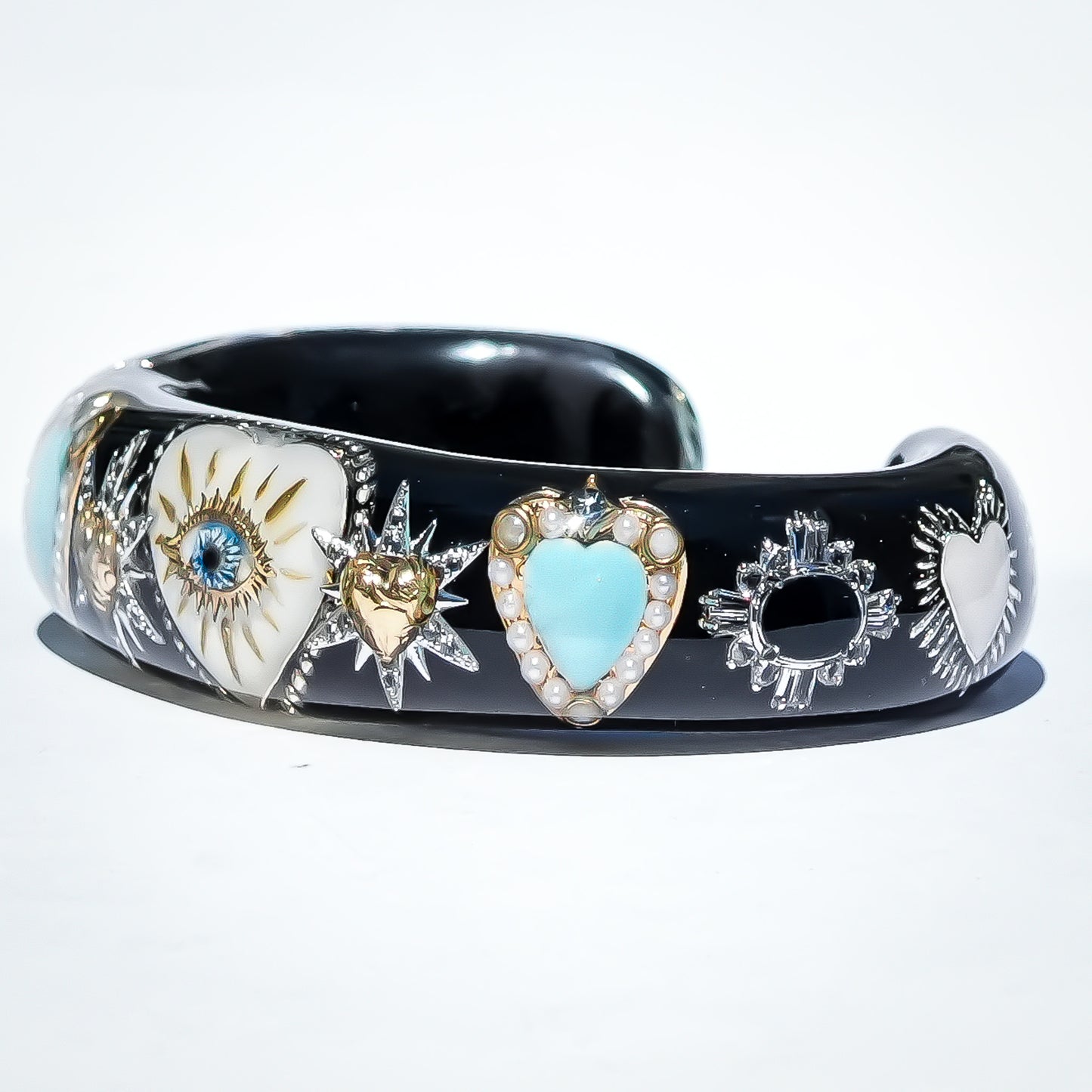 White Eye Heart & Turquoise Heart Bracelet - Black × Turquoise