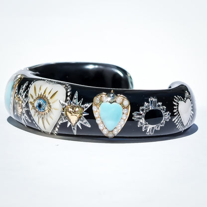 White Eye Heart & Turquoise Heart Bracelet - Black × Turquoise