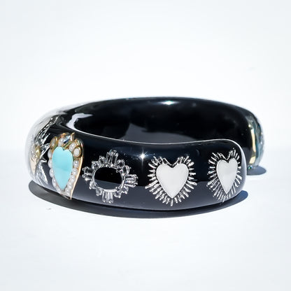 White Eye Heart & Turquoise Heart Bracelet - Black × Turquoise