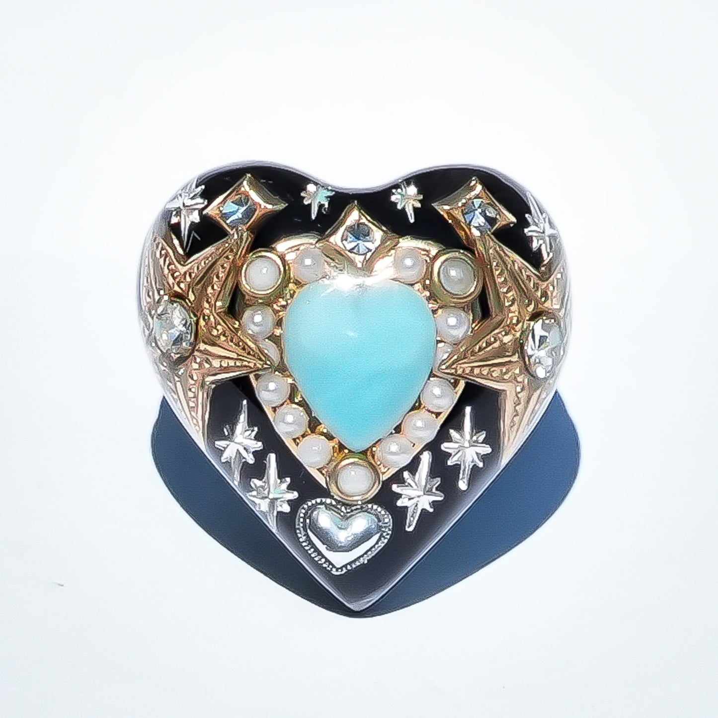 French Antique Turquoise Heart Ring - Black × Turquoise / #14