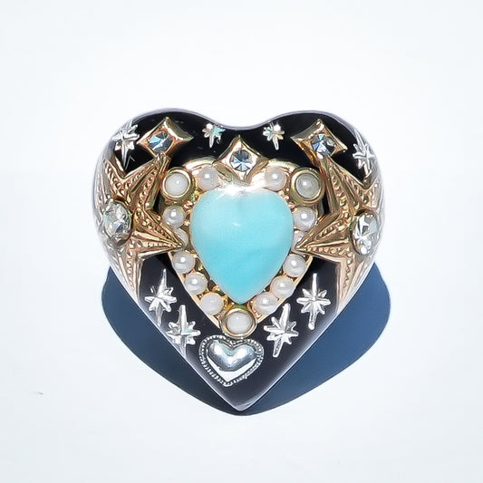 French Antique Turquoise Heart Ring - Black × Turquoise / #14