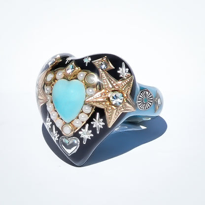 French Antique Turquoise Heart Ring - Black × Turquoise / #14