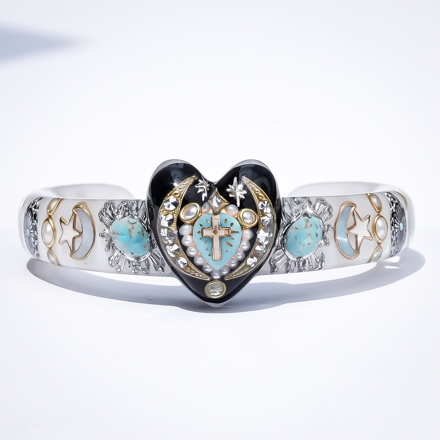 Turquoise Heart Moon & Star Heart Bracelet - Smoky White × Black