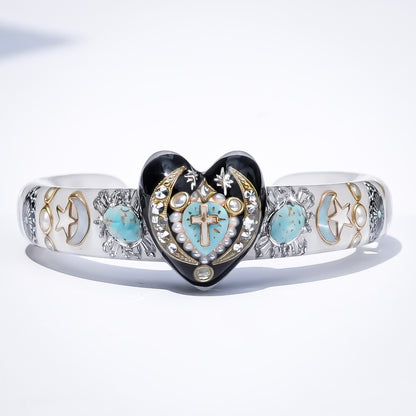 Turquoise Heart Moon & Star Heart Bracelet - Smoky White × Black