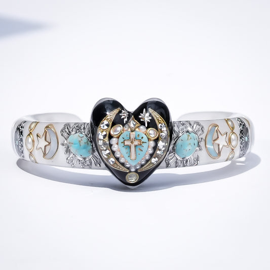 Turquoise Heart Moon & Star Heart Bracelet - Smoky White × Black