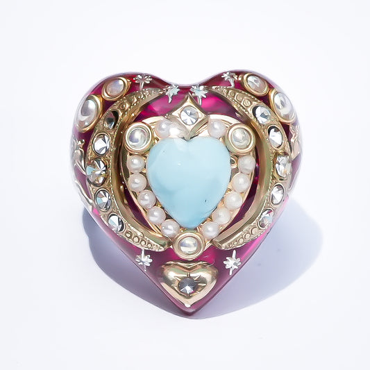 French Antique Turquoise Heart Ring - Pink × Turquoise / #14