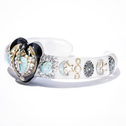 Turquoise Heart Moon & Star Heart Bracelet - Smoky White × Black