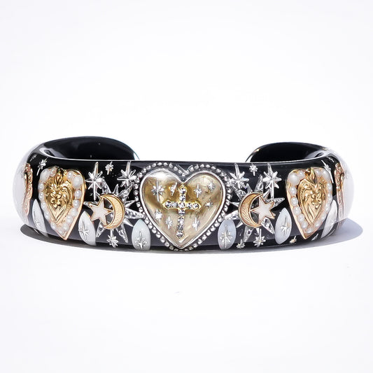 Sacred Heart Cross Bracelet - Black × Gold × White